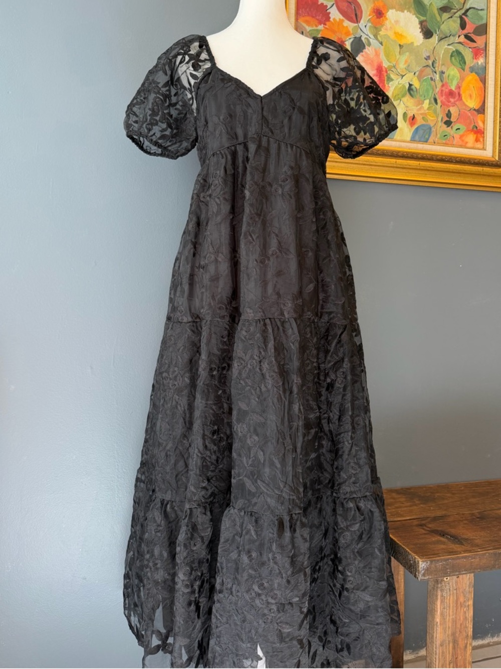Sheer Floral Lace Black Maxi Dress with Puff Sleeves